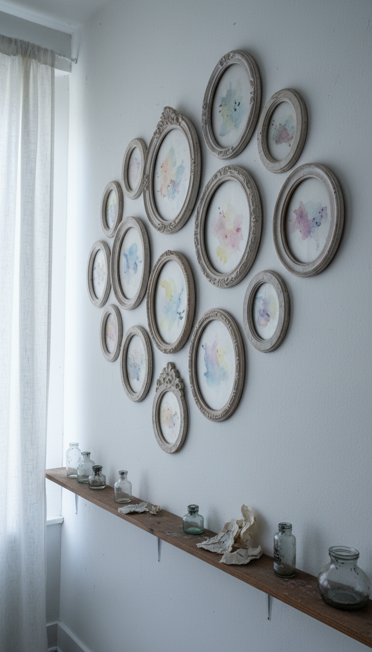 A hauntingly elegant collection of empty, antique oval frames arranged salon-style on a soft whitewashed plaster wall, each frame lined with a delicate wash of pastel watercolor and subtle ink splatters hinting at a fading presence. The wood of the frames is aged, showing pale patinas and ornate detailing. Below, a slender ledge holds scattered glass inkwells, some stained with diluted pigments, and scraps of blotting paper. The room is bathed in cool, even north-facing daylight filtering through sheer linen curtains, creating an airy, serene ambiance with no harsh shadows. The scene’s quiet mood suggests memory and absence. Photographed at a low, oblique angle, the composition employs asymmetrical balance and gentle perspective lines leading the viewer’s gaze. The artistic approach is minimalist yet slightly surreal, supporting the site’s exploration of identity and psychological nuance in portraiture.